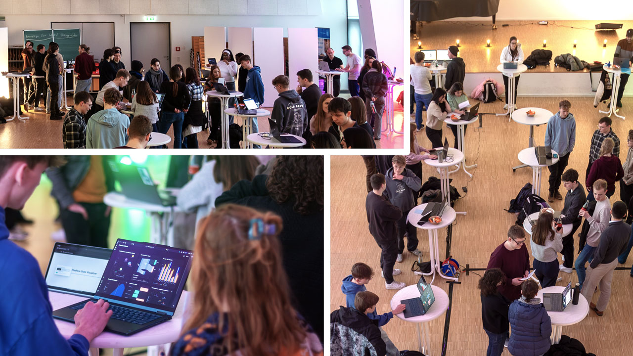 Eindrücke von der Projektmesse: Studierende präsentieren ihre Softwareprojekte an Stehtischen
