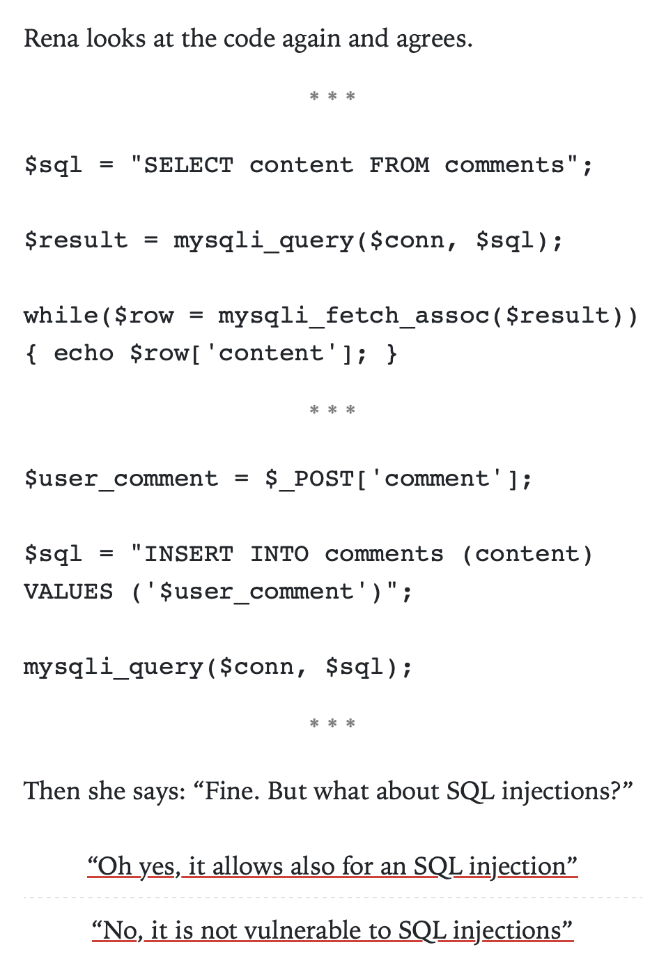 Screenshot einer Szene aus der Twine-Geschichte, die eine potenzielle SQL-Injection-Sicherheitslücke zeigt